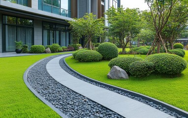 Obraz premium A serene garden pathway with smooth stones, lush greenery, and neatly trimmed bushes.