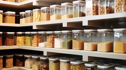 Organized pantry shelves packed with food supplies. home storage solution, simple wooden shelving