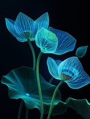 Glowing Blue Lotus Leaves on Black Background for Ethereal Art Installation Generative AI