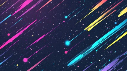 Obraz premium Flat design meteor shower scene, pastel-colored shooting stars in a dark night sky, seen from above, capturing cosmic wonder.