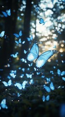 Glowing Ice Blue Butterfly on Crystal Amber, Super Realistic Closeup Generative AI