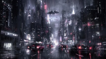 Fototapeta premium Futuristic Cityscape in Rain