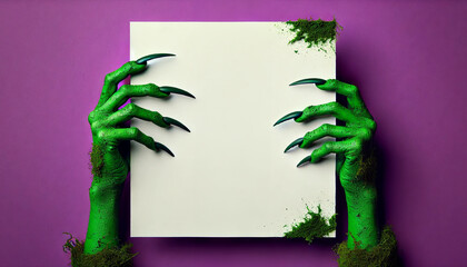 Scary creepy moss-covered green claws holding a white blank sheet of paper on a purple background. Empty copy space for text. Halloween theme