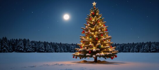 A beautifully decorated Christmas tree stands amidst a starry winter landscape with snowy ground and distant trees