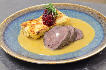 traditional Czech food served in a restaurant, beef or venison cream sauce, dumpling, cranberries