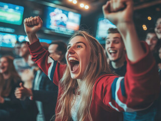 Excitement builds among friends watching a game in a spirited bar atmosphere at night