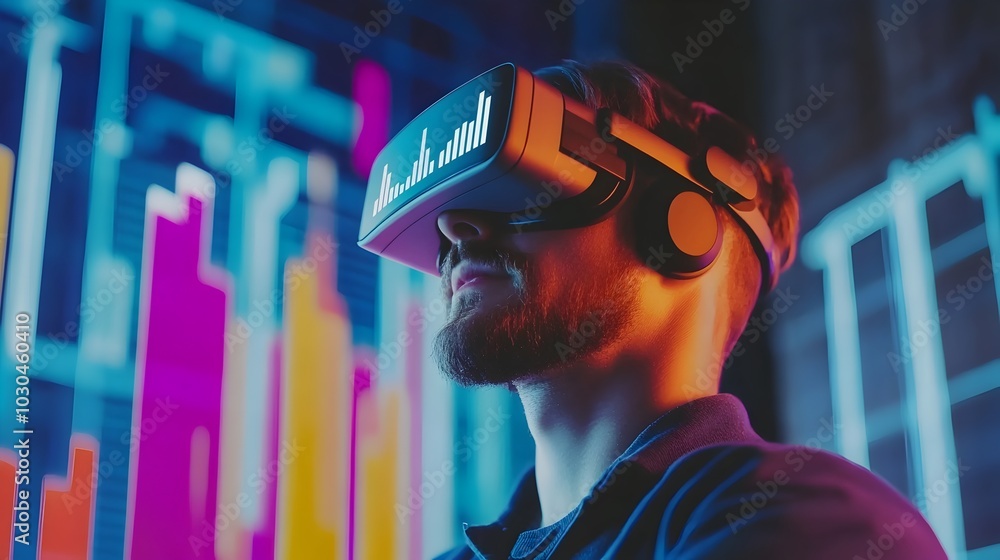 Poster entrepreneur utilizing vr glasses to interact with 3d financial data visualization