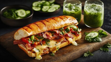 Hearty sandwich featuring melted cheese, crispy bacon, and fresh tomatoes, accompanied by a refreshing cucumber juice, a delightful lunch combo