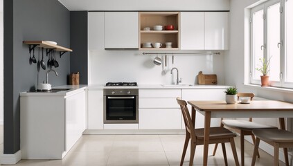 Fototapeta premium Modern interior Graywhite-walled kitchen with tile floors white cabinets and wooden table chairs