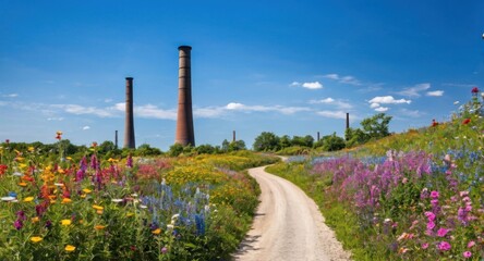 Bright sky highlighting smokestacks, creating a stark industrial scene.