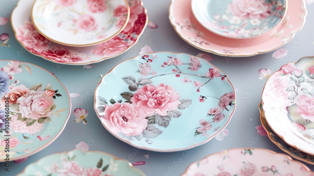 Aufkleber a charming display of fine china dessert plates each with its own unique floral motif creating a whi