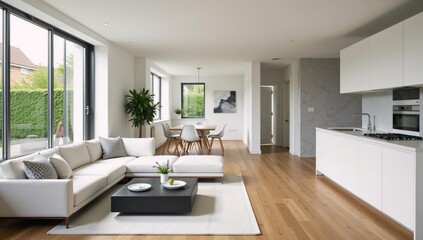 White modern interior with a wooden floor combines open-concept living area  kitchen featuring gray marble textured walls