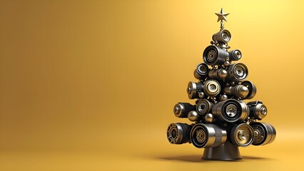 Christmas tree made of car engine parts on a golden background, a unique combination of festive and automotive elements.