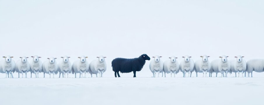 White sheep in precise formation, with a single black sheep in the middle, creating a strong visual contrast of identity, sheep contrast, symbolizing individuality