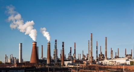 Bright sky highlighting smokestacks, creating a stark industrial scene.