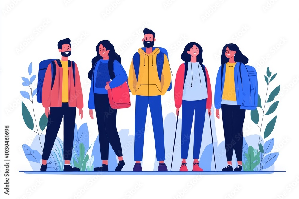 Poster colorful group of people walking together in a vibrant dynamic design symbolizing unity diversity an