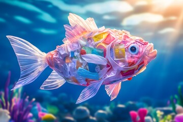 Fototapeta premium A fish made of plastic waste, swimming in the ocean with its body covered by small pieces of garbage and colorful food packaging bags