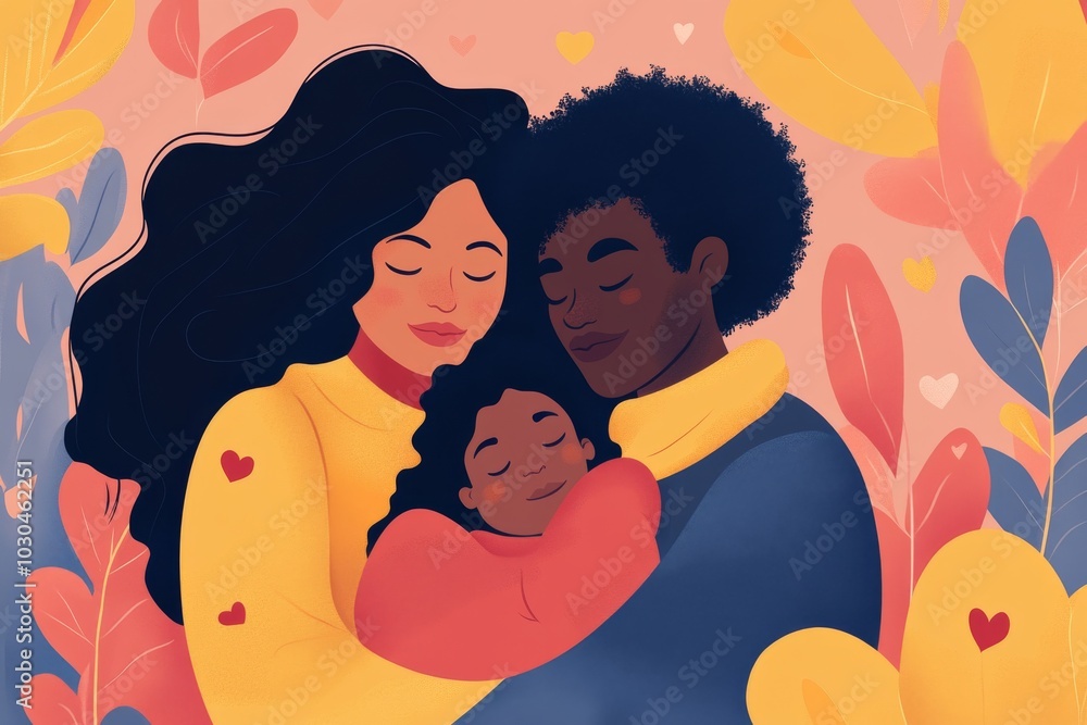 Poster family of three in a warm colorful setting with soft flowing lines symbolizing love protection and n