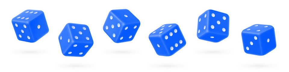 Realistic blue gambling dices with white dots set. 3D game cubes for playing casino, poker, backgammon, table or board games.