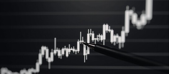 Uptrend line graph  candlesticks displayed on an abstract finance chart with BW backdrop