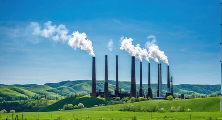Bright sky highlighting smokestacks, creating a stark industrial scene.