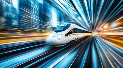 Fototapeta premium High-Speed Train in Motion Through Cityscape