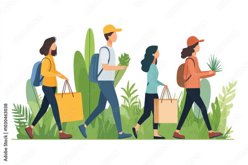 Poster group of people walking with backpacks in a green setting symbolizing adventure exploration and team