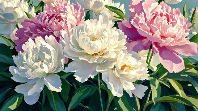 White and pink peonies bloom in a lush bouquet on a sunny day