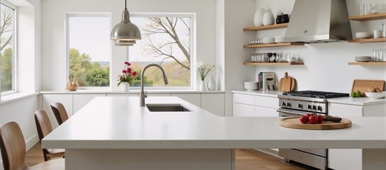A light-filled kitchen interior showcases countertops seating shelving and assorted kitchenware framed by a nearby window