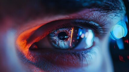 Intense Close-up of E-sports Player's Focused Eye Reflecting Gameplay on Monitor Screen