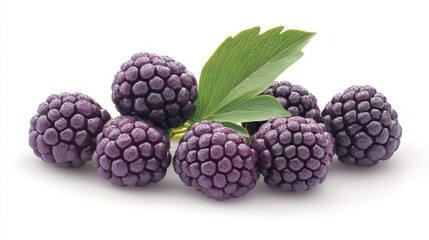 A cluster of ripe blackberries with a green leaf, showcasing their natural freshness.