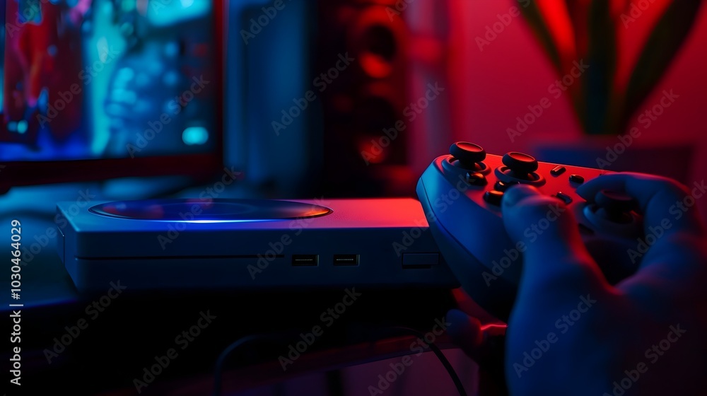 Poster inserting video game console disc in dimly lit gaming setup