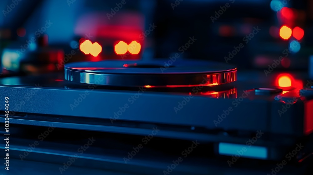 Poster inserting game disc into glowing console with blurred lights in the dark