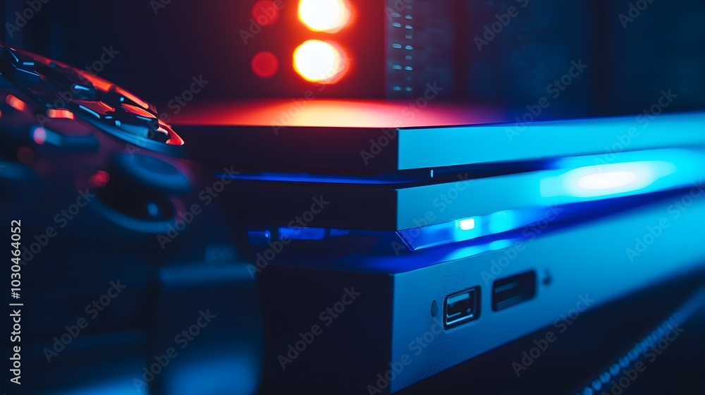 Poster detailed view of a console game disc being inserted with glowing lights and setup