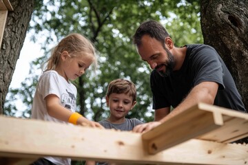 A father and his two children work on building a treehouse, surrounded by greenery, fostering teamwork, creativity, and family bonding.