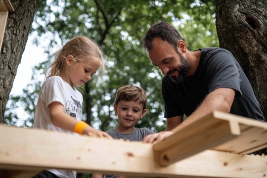 A father and his two children work on building a treehouse, surrounded by greenery, fostering teamwork, creativity, and family bonding.