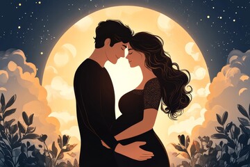 Romantic couple kissing under the moonlit night sky symbolizing deep love passion and connection with a celestial background and soft lighting effects