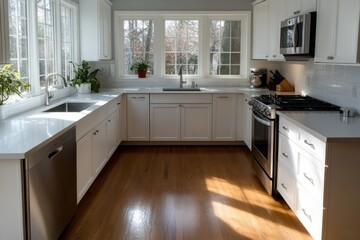 Fototapeta premium A bright, modern kitchen with sleek white cabinets, stainless steel appliances, and warm wood flooring accentuated by large windows allowing natural light.
