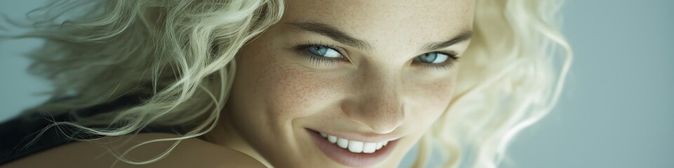 Obraz premium A blonde woman with blue eyes is smiling and looking at the camera. She has a light blue shirt on