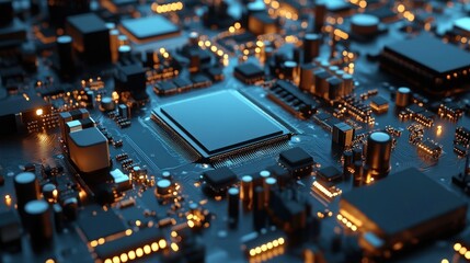 Fototapeta premium Close-up of a CPU on a Circuit Board with Illuminated Components