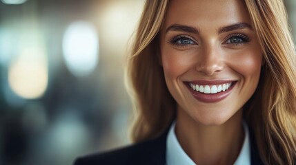 Obraz premium Confident Woman Smiling in Professional Attire