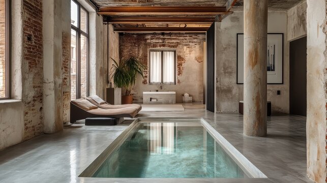 Urban industrial design, rusty metal beams, exposed brick, and a reflective pool seamlessly integrated into the concrete floor, minimal furniture
