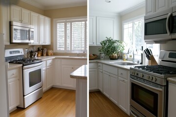 Fototapeta premium A bright, contemporary kitchen features white cabinetry and stainless steel appliances, offering a clean and elegant space for cooking and family gatherings.