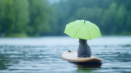 Whimsical Adventure: An Adult Grey Cat with a Green Umbrella on a Surfboard