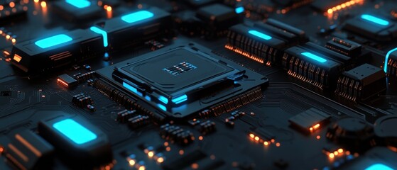 Fototapeta premium A close-up of a glowing blue computer chip on a dark circuit board
