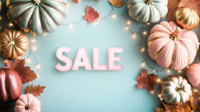 A vibrant autumn SALE banner with fairy lights in pastel tones of soft pink, mint green, and gold, illuminating metallic pumpkins and leaves arranged around the frame.