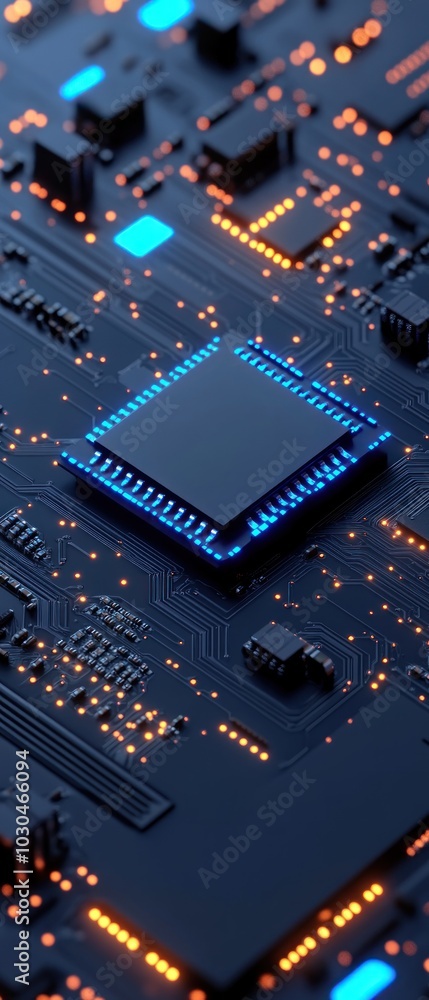 Poster a close-up of a microchip with glowing blue and orange leds on a circuit board