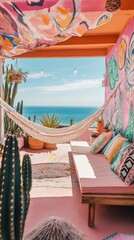 Fototapeta premium Relaxing Boho Ocean View Terrace with Cacti and Hammock Generative AI