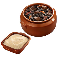 cumbuca de barro com receita brasileira de feijoada acompanhado de prato com farofa isolado em...