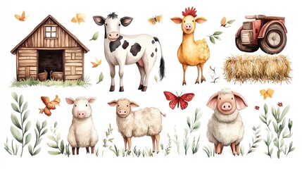 Isolated on white background clip art whimsical water color farm animals collection featuring a cow